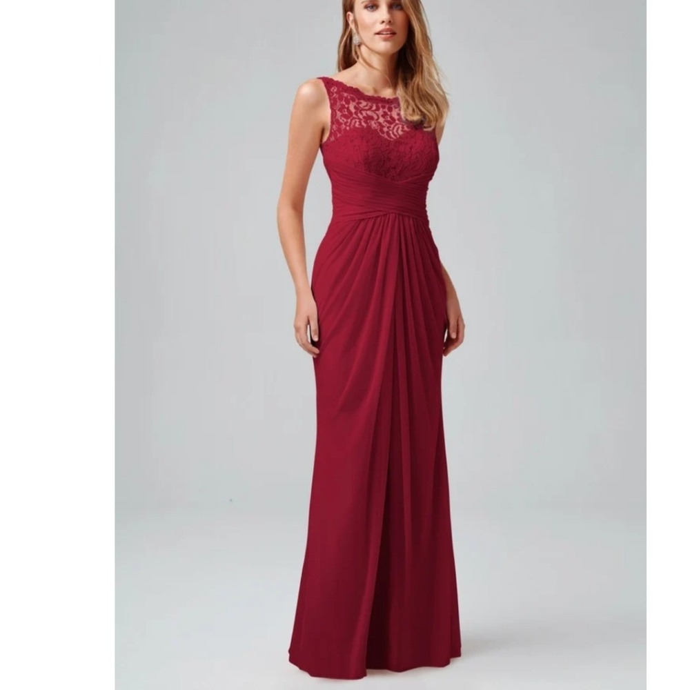 NWT Davids Bridal Apple Red Lace Bodice Draped Long Formal Dress 12 Evening Glam